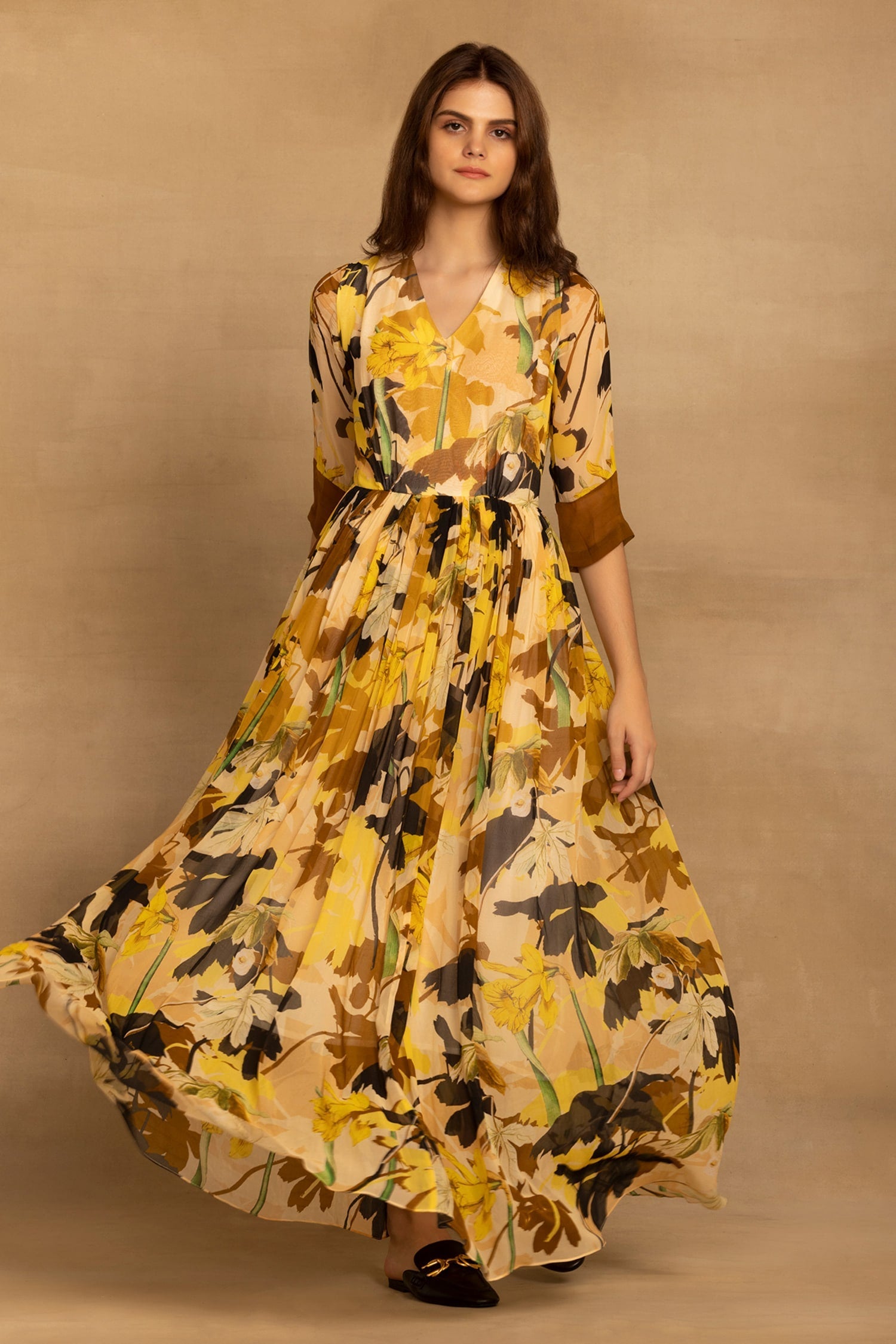 Yellow Viscose Georgette Printed Floral V Neck Maxi Dress For Women